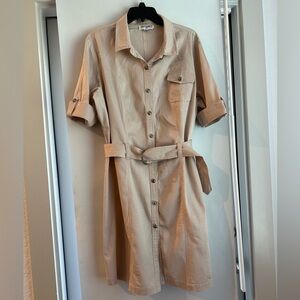 Belted Elegant Khaki Dress and Silver-Dark button Accents- Pristine condition